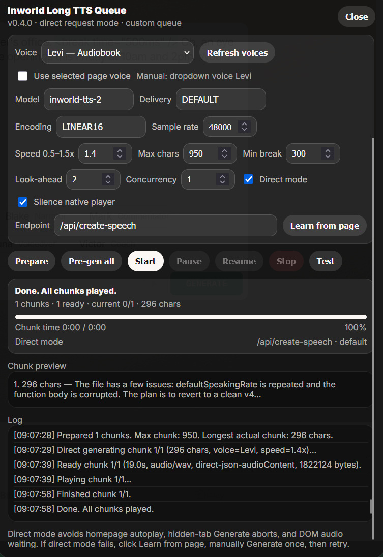 VoxInfinity Direct API panel showing voice, model, chunk size, queue controls, progress, and generated audio logs.